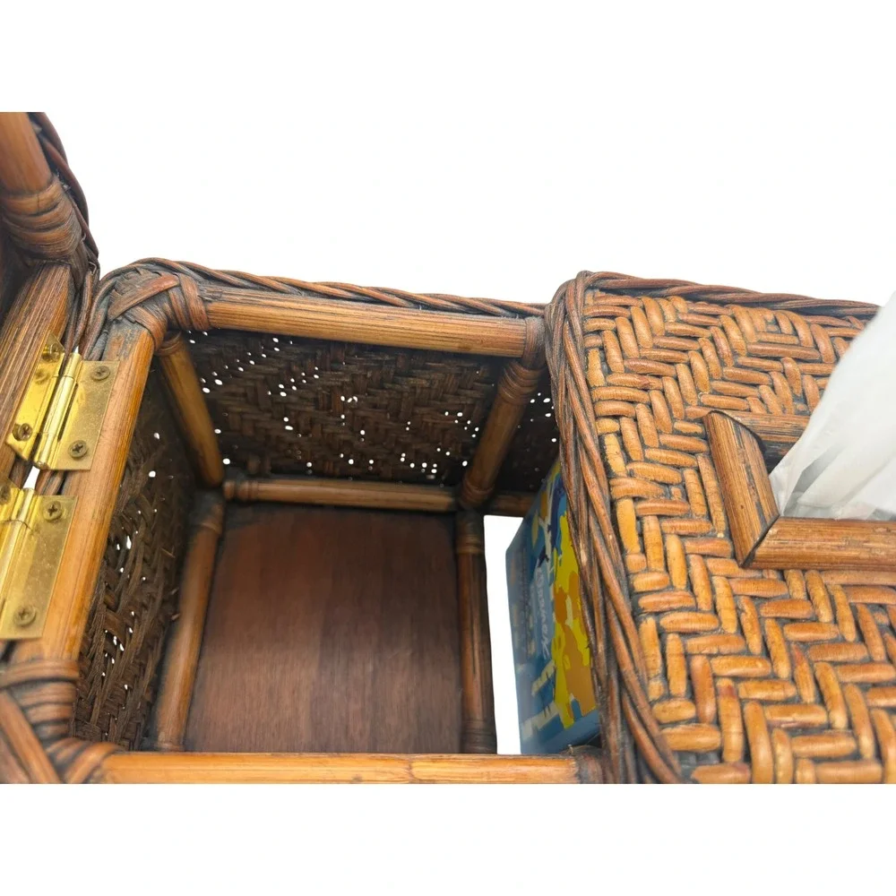 Vintage Woven Wicker Dual Compartment Tissue Box Cover and Storage Basket Brown
